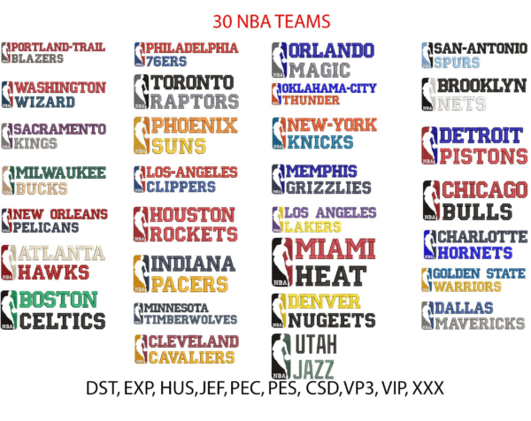 30 Nba Teams Name Embroidery Digital File, Size From 5Cm To 25 Cm,