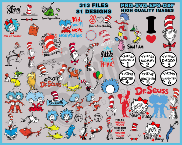 81 Designs Dr Seuss Svg Bundle, Cat In The Hat Png, Clipart, Vector