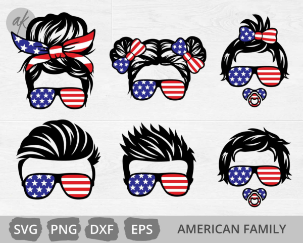 American Family Bundle Svg, Messy Bun American Flag Svg, Patriotic