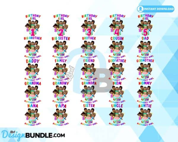 African-American Cocomelon Birthday Girl, 25 Bundle Family Cocomelon PNG Instant Download