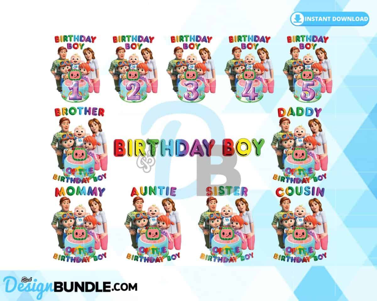 Cocomelon Birthday Boy, 12 Bundle Family Cocomelon PNG Instant Download