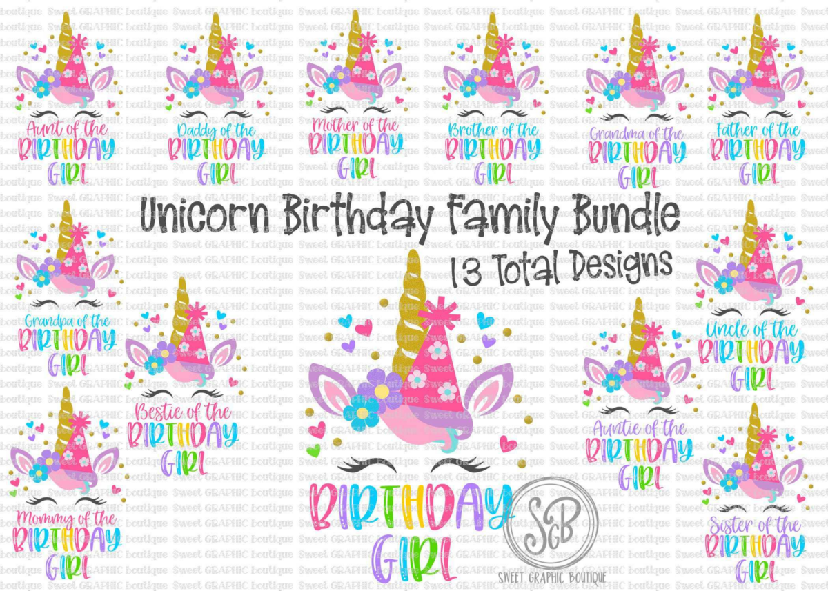 Birthday Girl Unicorn Sublimation Design, Family Bundle, Unicorn