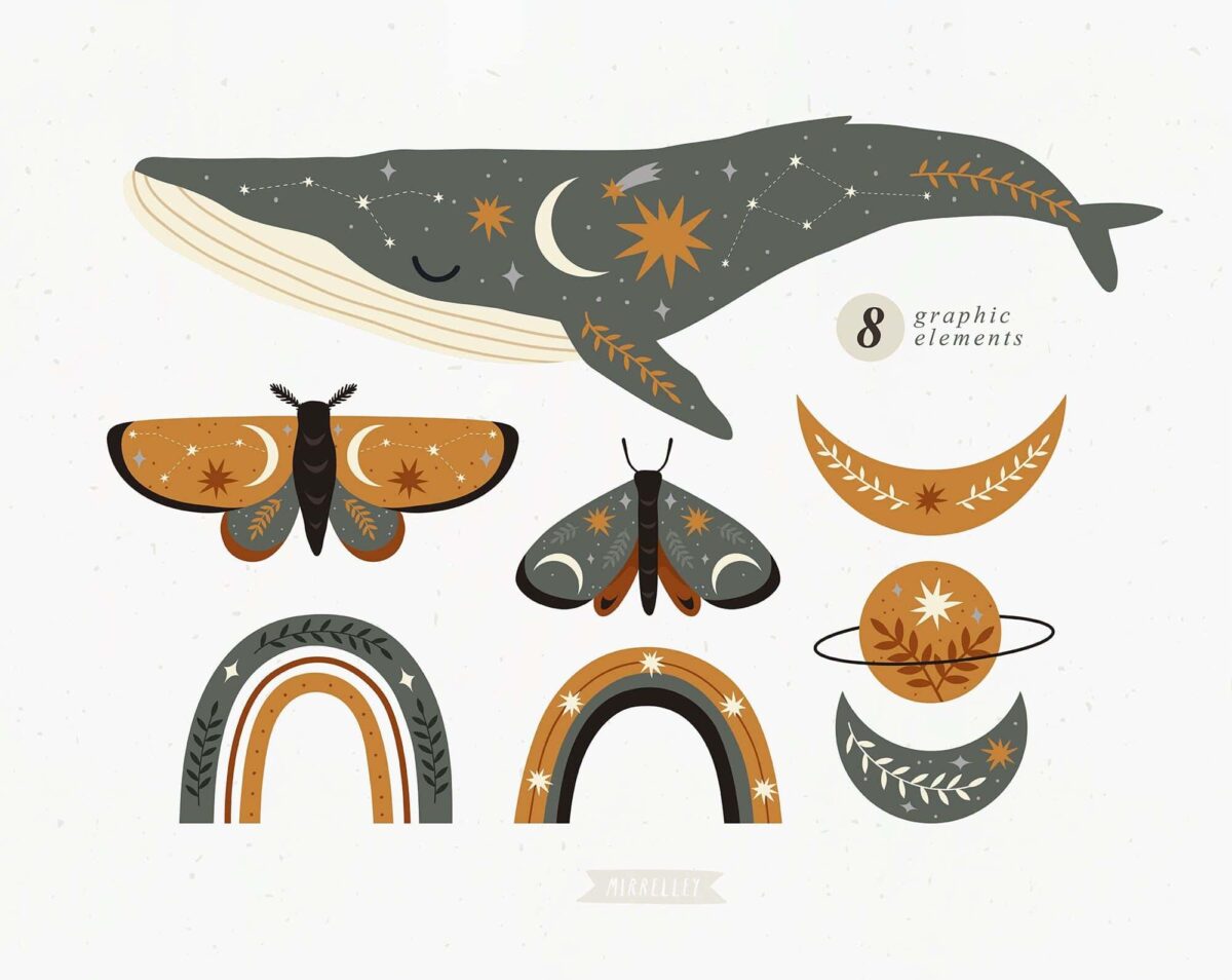 Celestial Clip Art Crescent Moon Svg Moth Clipart Boho Rainbow Svg