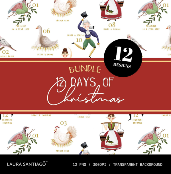 Christmas Svg Bundle, 12 Days Of Christmas, Hand-Drawn Digital