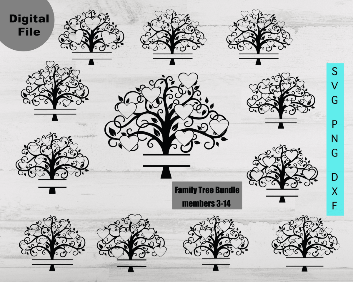 Family Tree 3-14 Members Svg Bundle, Split Family Heart Tree