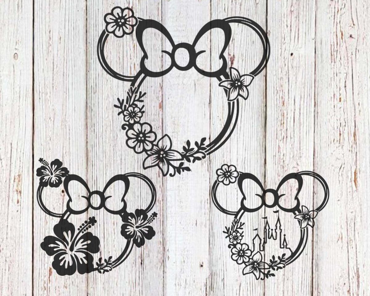 Floral Minnie Mouse Ears Svg Bundle Disney Svg, Flower Wreath Svg