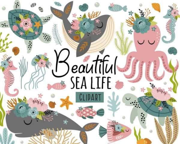 Floral Sea Life Clip Art, Ocean Animals Svg, Boho Sea Animal Clipart,