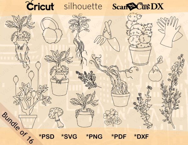 Herbology Plants And Garden Tools Svg Bundle, Vector Line Art, Cricut
