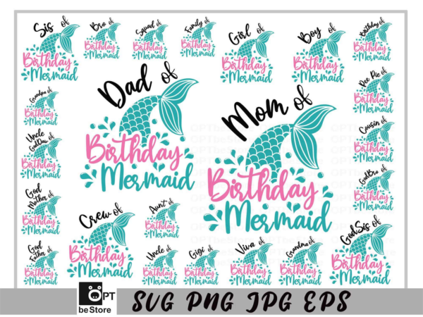 Mermaid Birthday Family Bundle Svg, Mermaid Squad Parent Svg, Mermaid