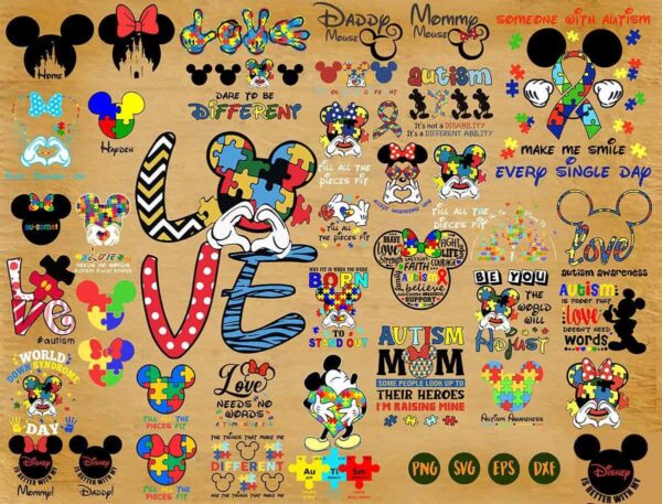 Mickey Autism Awareness Bundle Svg, Autism Ribbon Svg, Puzzle Svg,