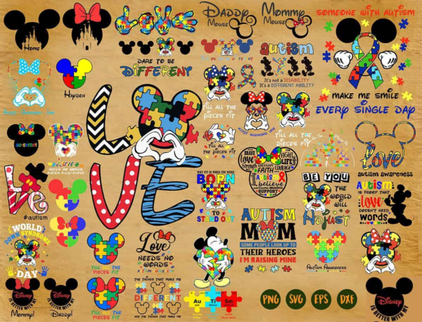 Mickey Autism Awareness Bundle Svg, Autism Ribbon Svg, Puzzle Svg,