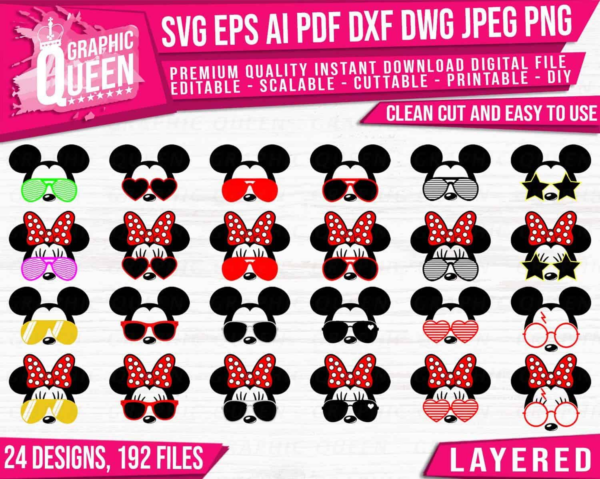Mickey Minnie Sunglasses Bundle Svg, Mickey Mouse And Minnie Head