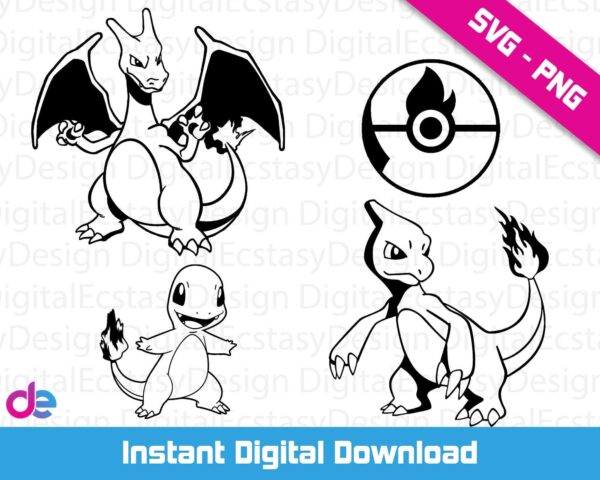 Pokemon Svg Bundle Charmander, Charmeleon, Charizard, And Pokeball