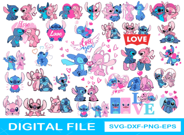 Stitch Love Bundle Svg, Stitch Valentine'S Svg, Stitch Angel Heart