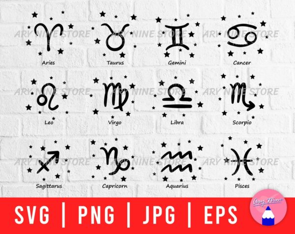 Zodiac Sign With Stars Bundle Svg Png Eps Jpg Files, Horoscope Sign