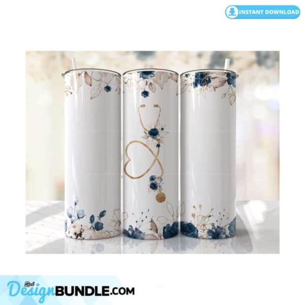 nurse-doctor-tumbler-sublimation-wrap-navy-blue-gold-floral-png