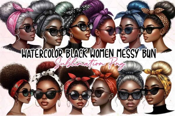 watercolor-black-women-messy-bun-clipart
