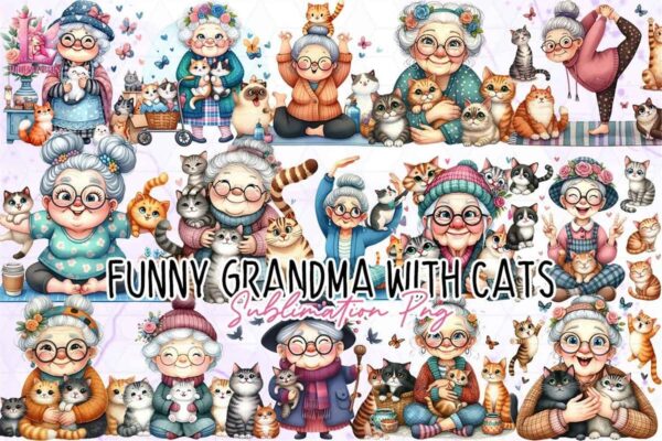 funny-grandma-with-cats-clipart-png