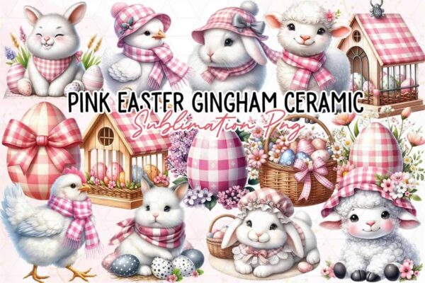 pink-easter-gingham-ceramic-clipart-png
