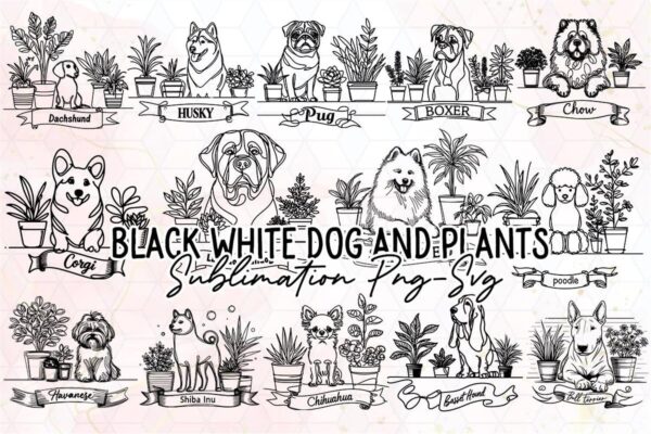 black-white-dog-and-plants-clipart