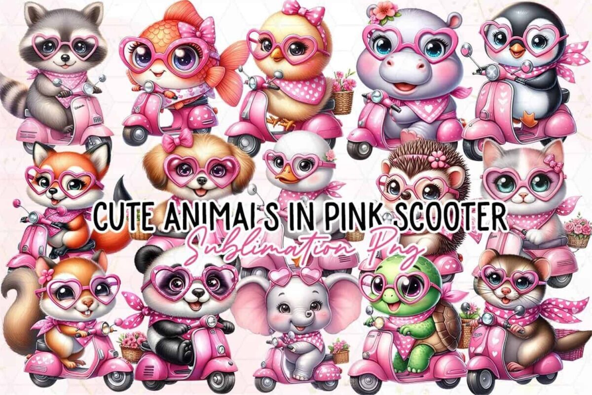 cute-animals-in-pink-scooter-clipart-png