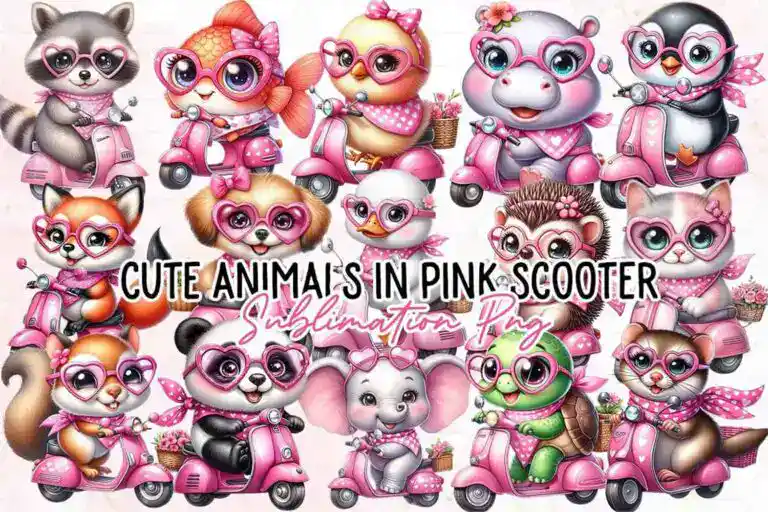 cute-animals-in-pink-scooter-clipart-png