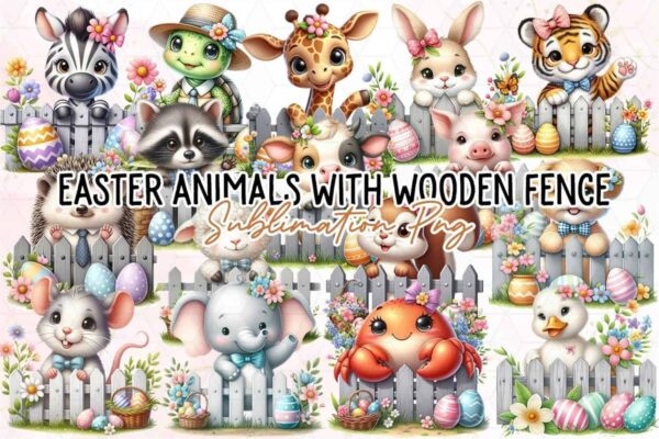 easter-animals-with-wooden-fence-clipart