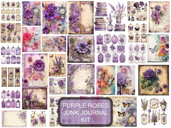 junk-journal-kit-purple-roses-ephemera