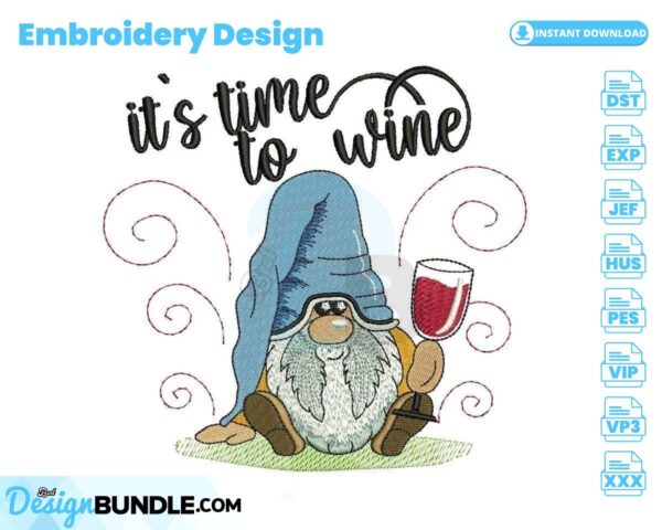 time-to-wine-gnome-embroidery-design