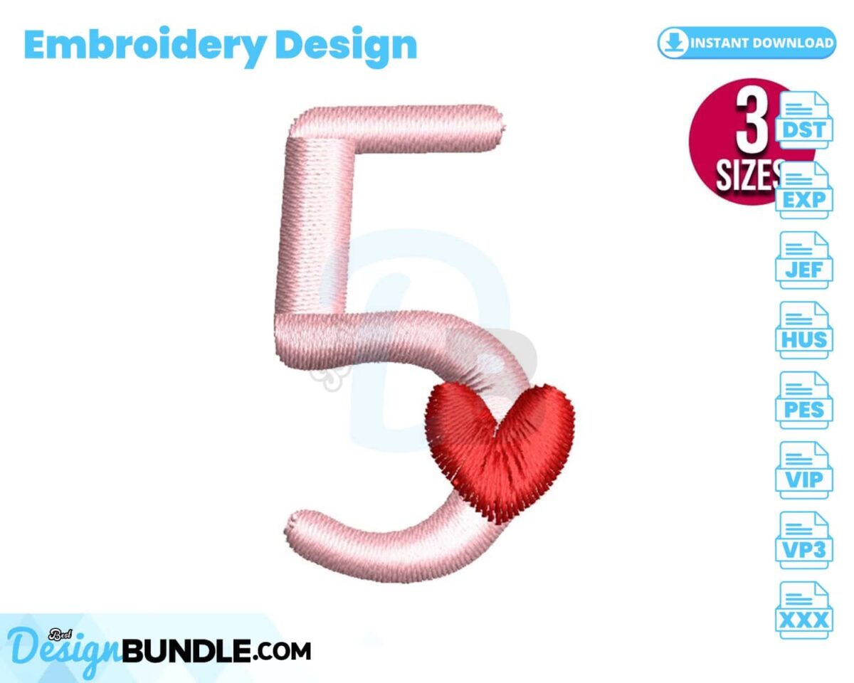 number-five-with-heart-embroidery-design