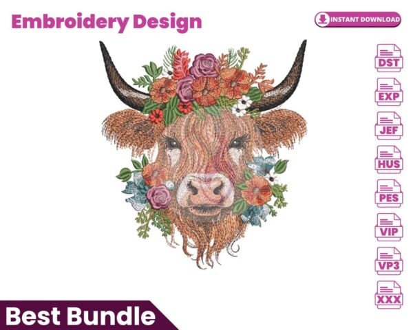 floral-highland-cow-embroidery-design