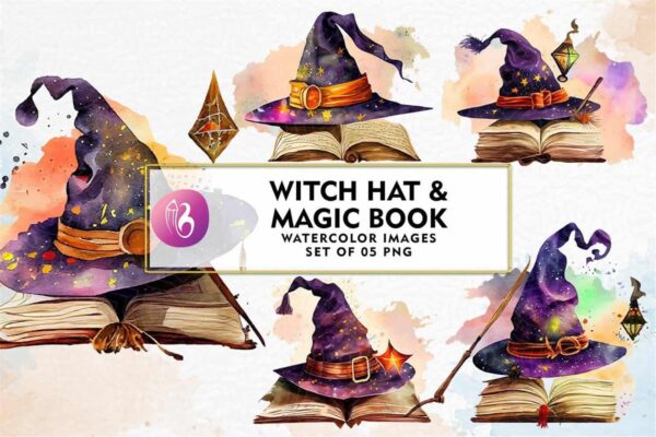 witch-hat-and-magic-book-watercolor