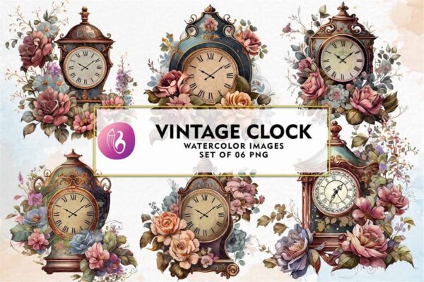 vintage-clock-with-flowers-watercolor