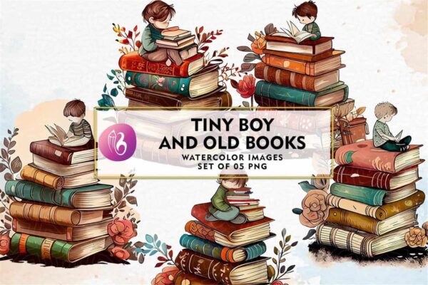 tiny-boy-and-old-books-watercolor