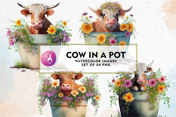 retro-floral-cow-in-a-pot-watercolor