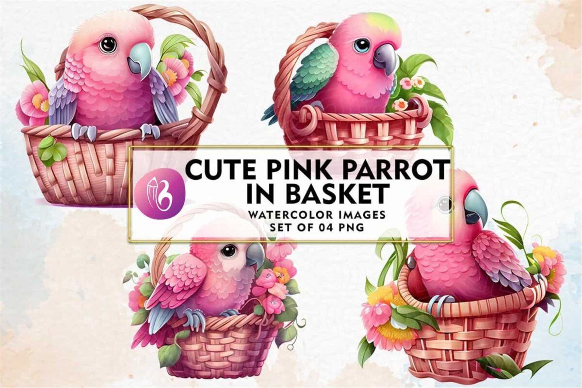 cute-pink-parrot-in-basket-watercolor