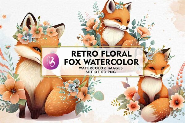 retro-floral-fox-watercolor-sublimation