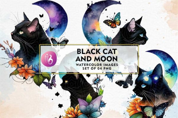 black-cat-and-moon-watercolor-clipart