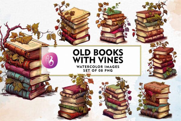 old-books-with-vines-watercolor-clipart