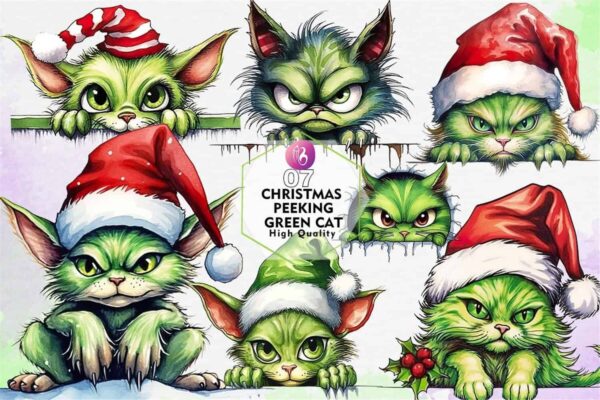 christmas-peeking-green-cat-clipart-png