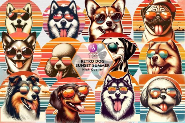 retro-dog-sunset-summer-clipart-png