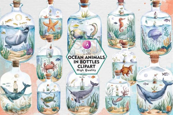 ocean-animals-in-bottles-clipart-png