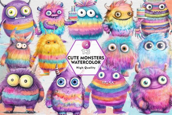 cute-monsters-watercolor-clipart-png