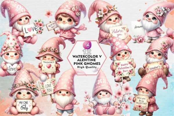 watercolor-valentine-pink-gnomes-clipart