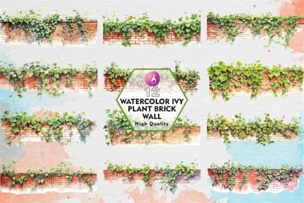 watercolor-ivy-plant-brick-wall