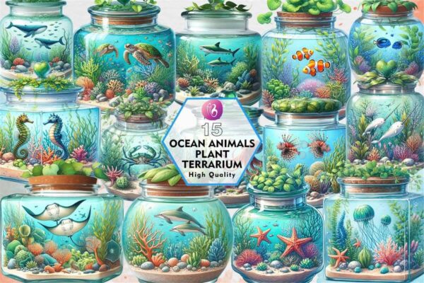 ocean-animals-plant-terrarium-clipart