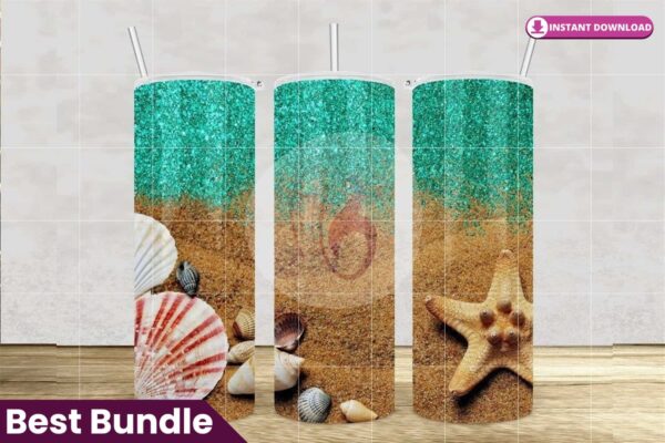 ocean-beach-teal-glitter-tumbler