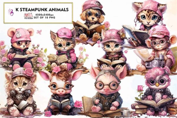 pink-steampunk-animals-watercolor