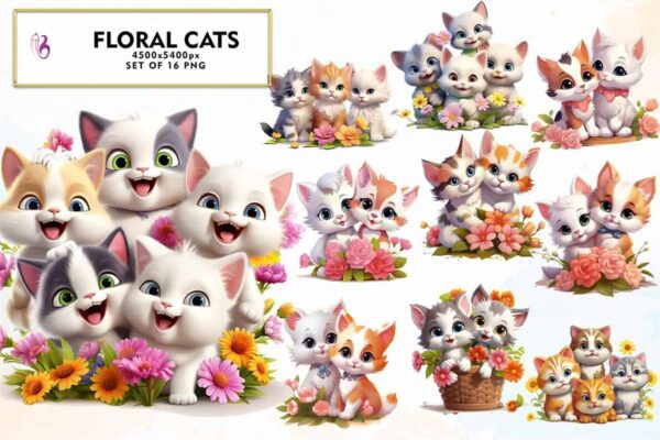 cute-3d-floral-cats-sublimation-clipart